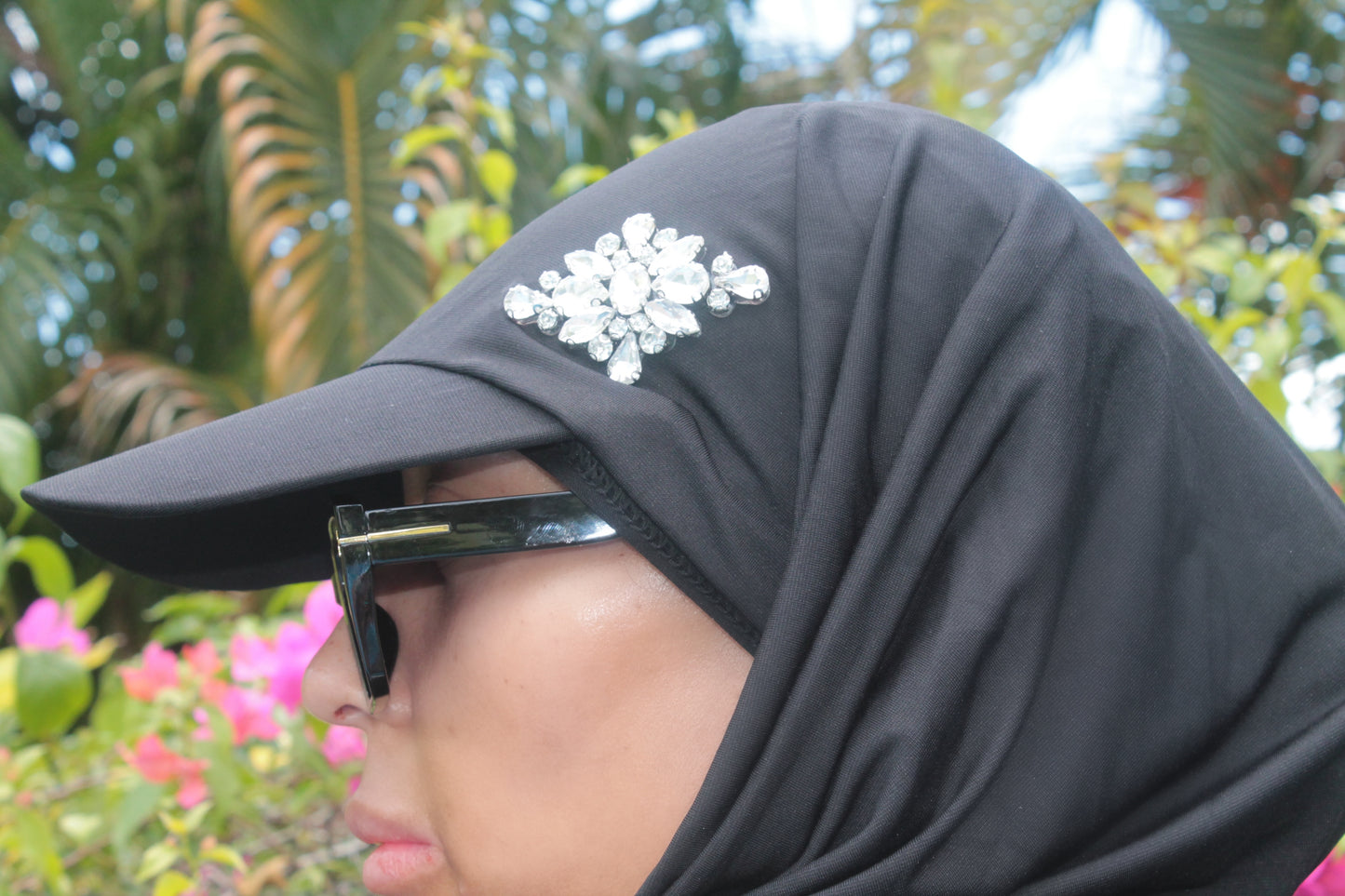 Jewelled Modest Swim Hat- Black